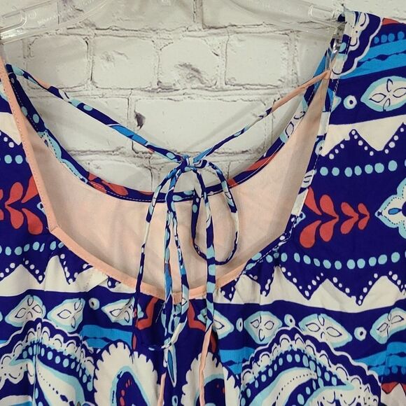Bohemian NWT Work Dress Peach Blue Boho Printed Flare Sleeve Shift Colorful - Picture 3 of 10